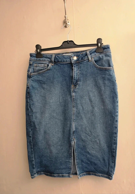 New Look Blue A-Line Denim Knee Length Skirt Size 16