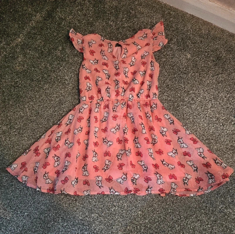 Kiki & Koko Girls Pink Rabbit Bow Frilly Flared Lined Summer Dress Size 5-6 Years