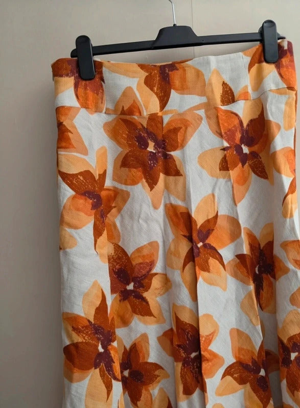 Kaliko Orange & Cream Floral 100% Linen Lined Midi Skirt Size 16