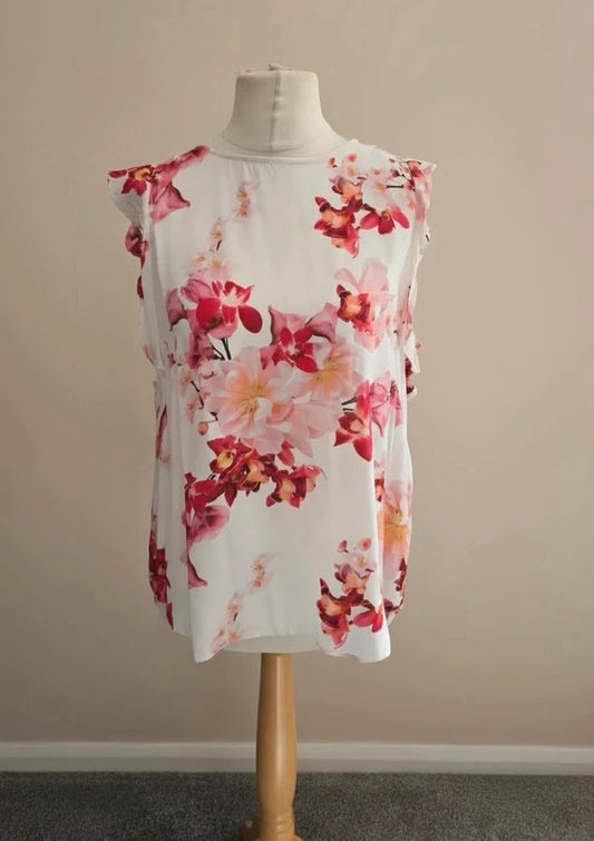Wallis New with Tags White & Red Floral Frill Sleeve Button Back Blouse Size 14