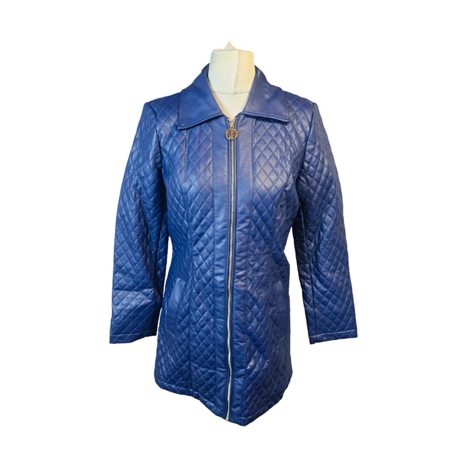 Dennis Basso Quilted Faux Leather Jacket Blue S 8/10 Mid Length Zip Up