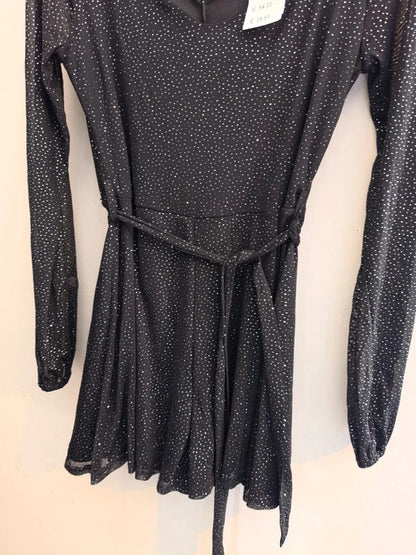Quiz Black & Silver Sparkle Long-Sleeved Flared Playsuit Size 8 New