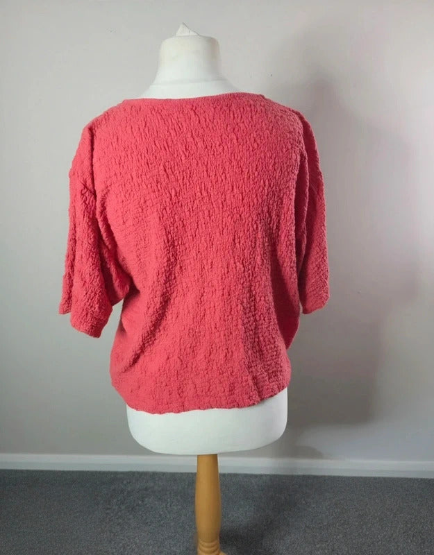 Nutmeg Coral Pink Textured Blouse Size 12 Oversized V Neck 3/4 Sleeve Button Top