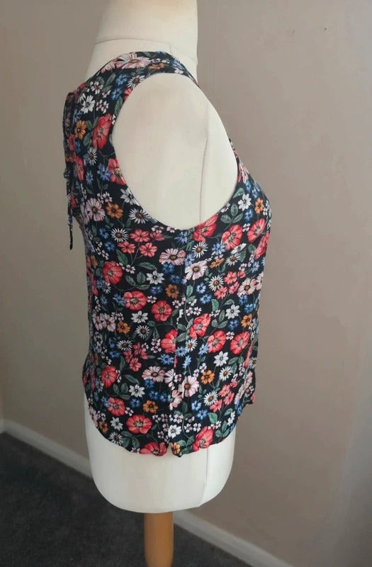 New Look Black Multicoloured Floral Tie Back Sleeveless Vest Top Size 10