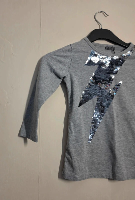 Kayla Kids Girls Grey & Silver Sequin Lightning Bolt Long Sleeve Top Age 5–6 Years