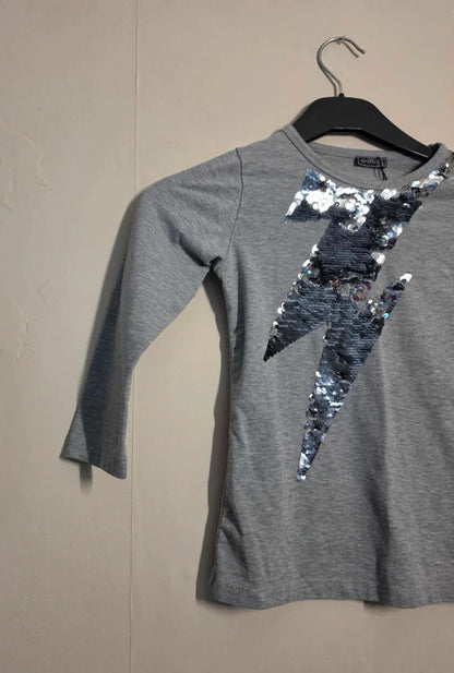 Kayla Kids Girls Grey & Silver Sequin Lightning Bolt Long Sleeve Top Age 5–6 Years