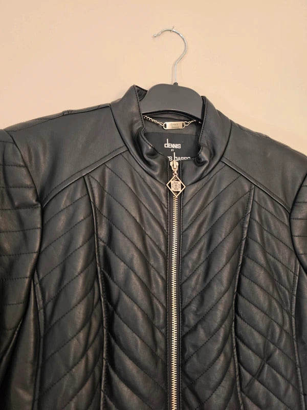 Dennis Basso Black Quilted Faux Leather Jacket Zip Up XS Size 8-10