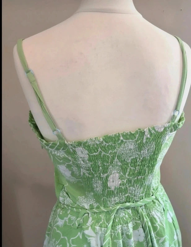 New Look Y2K Green & White Floral Cotton Belted Flared Dress Size 14
