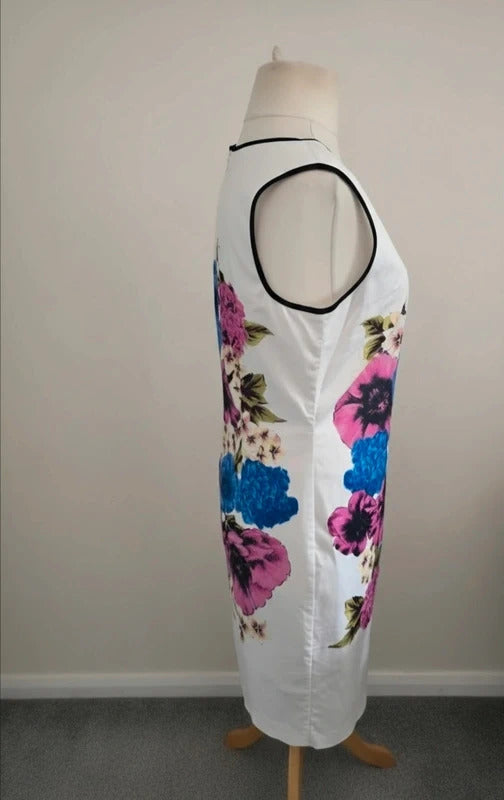 Debenhams Floral A-Line Dress Size 14 White Cotton Knee Midi Sleeveless
