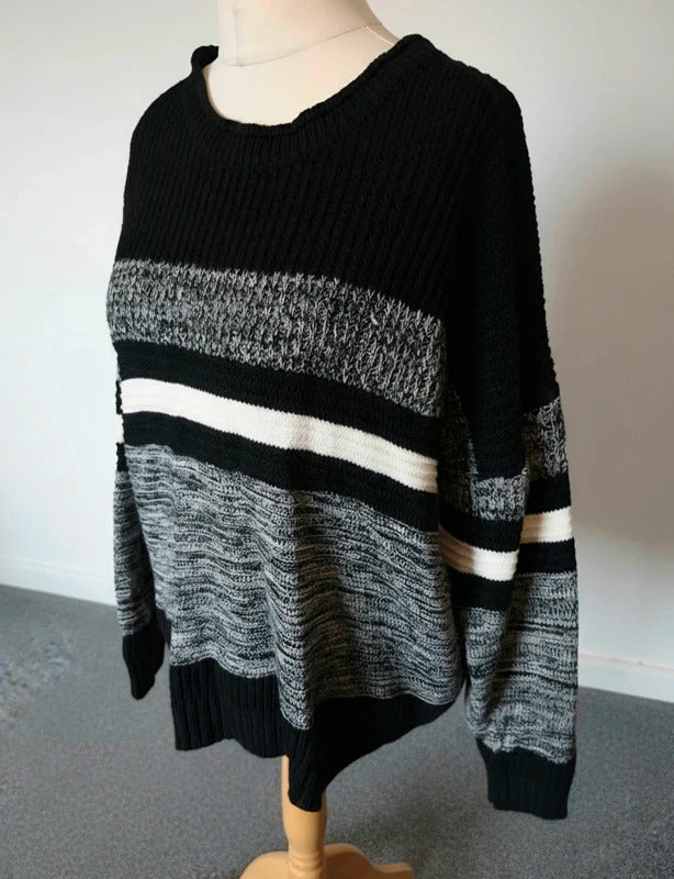 Women's Black Grey & White Striped Chunky Knit Jumper –  3XL (Size 18–20) 