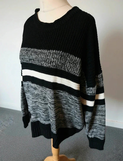 Women's Black Grey & White Striped Chunky Knit Jumper –  3XL (Size 18–20) 