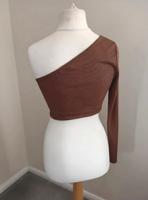 Boohoo Brown Ribbed One-Shoulder Crop Top Size 10