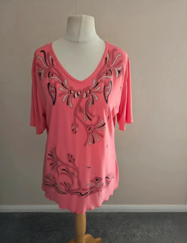 Mega Designs Pink Glitter & Beaded V-Neck Top XL Size 16-18