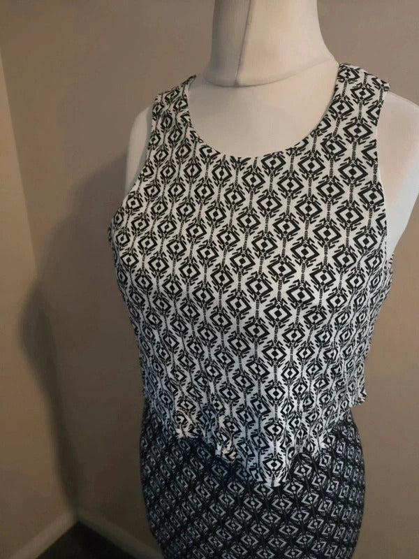 Miss Selfridge Black & White Patterned Layered Top Bodycon Maxi Dress Size 12