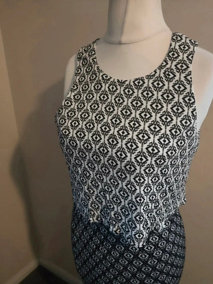 Miss Selfridge Black & White Patterned Layered Top Bodycon Maxi Dress Size 12