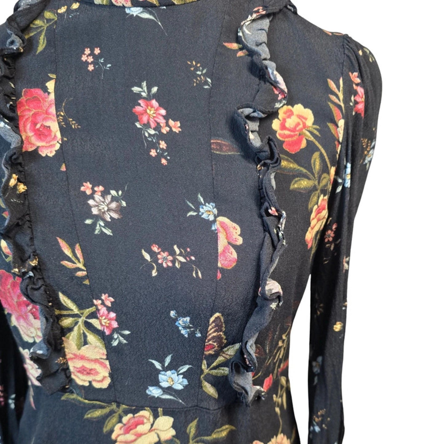 Zara Black Floral Mini Dress  L UK Size 12 Long Sleeve Lace Back Frill Detail