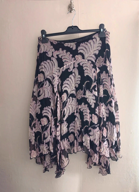 Coast 100% Silk Black & Grey Feather Print Asymmetrical Midi Skirt Size 10