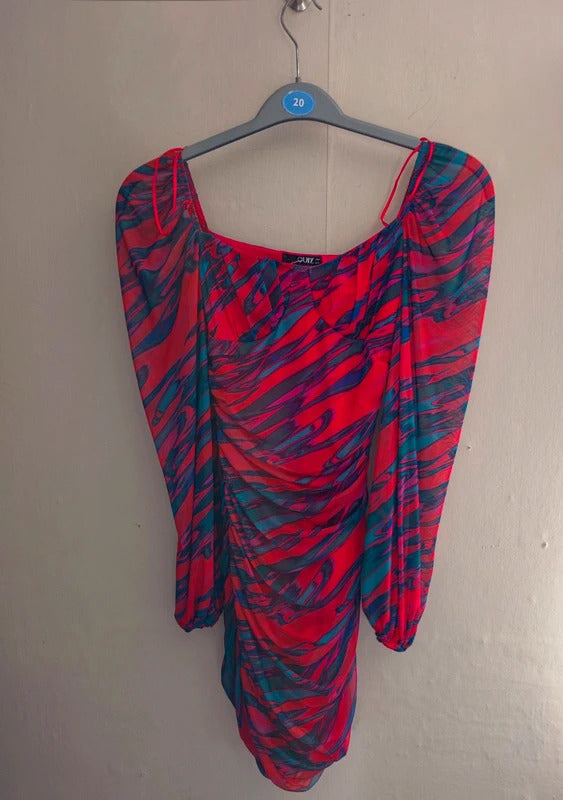 Quiz Red Multicoloured Abstract Print Ruched Mini Dress Size 6 Party Dress