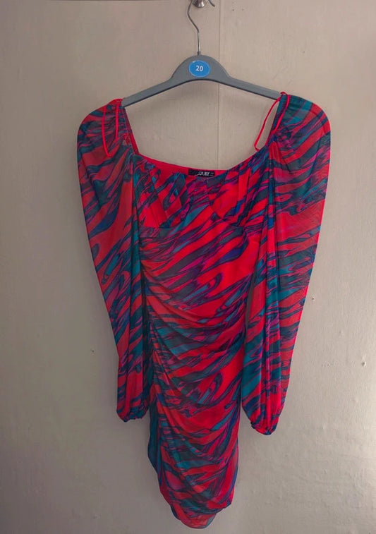 Quiz Red Multicoloured Abstract Print Ruched Mini Dress Size 6 Party Dress