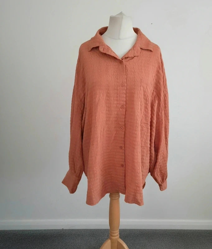 Boohoo Orange Crinkle Textured Oversized Long Sleeve Blouse – Size 16