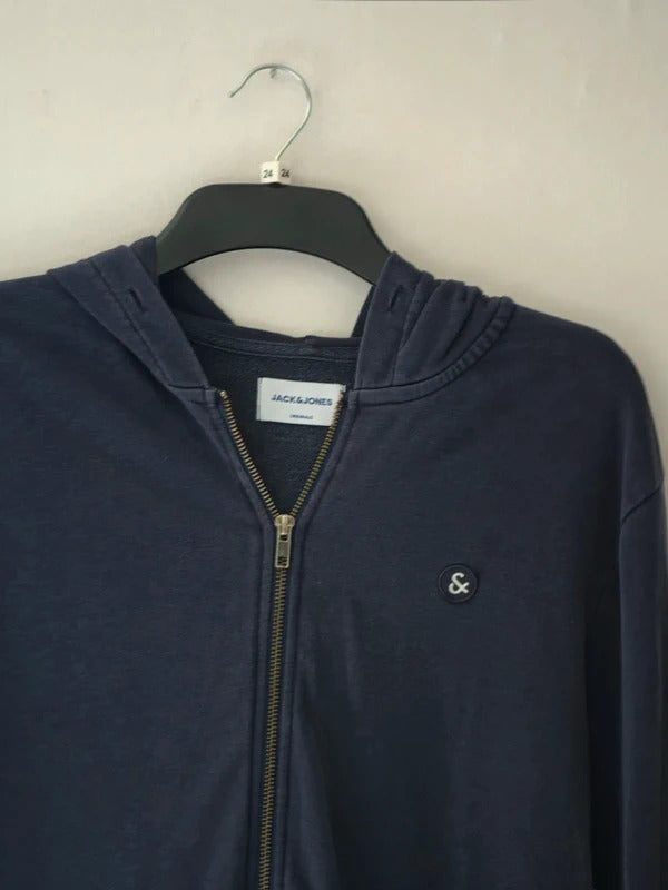 Mens Jack & Jones Navy Zip Up Hoodie Yellow White Stripe Size M