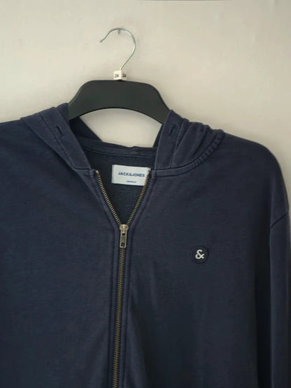 Mens Jack & Jones Navy Zip Up Hoodie Yellow White Stripe Size M