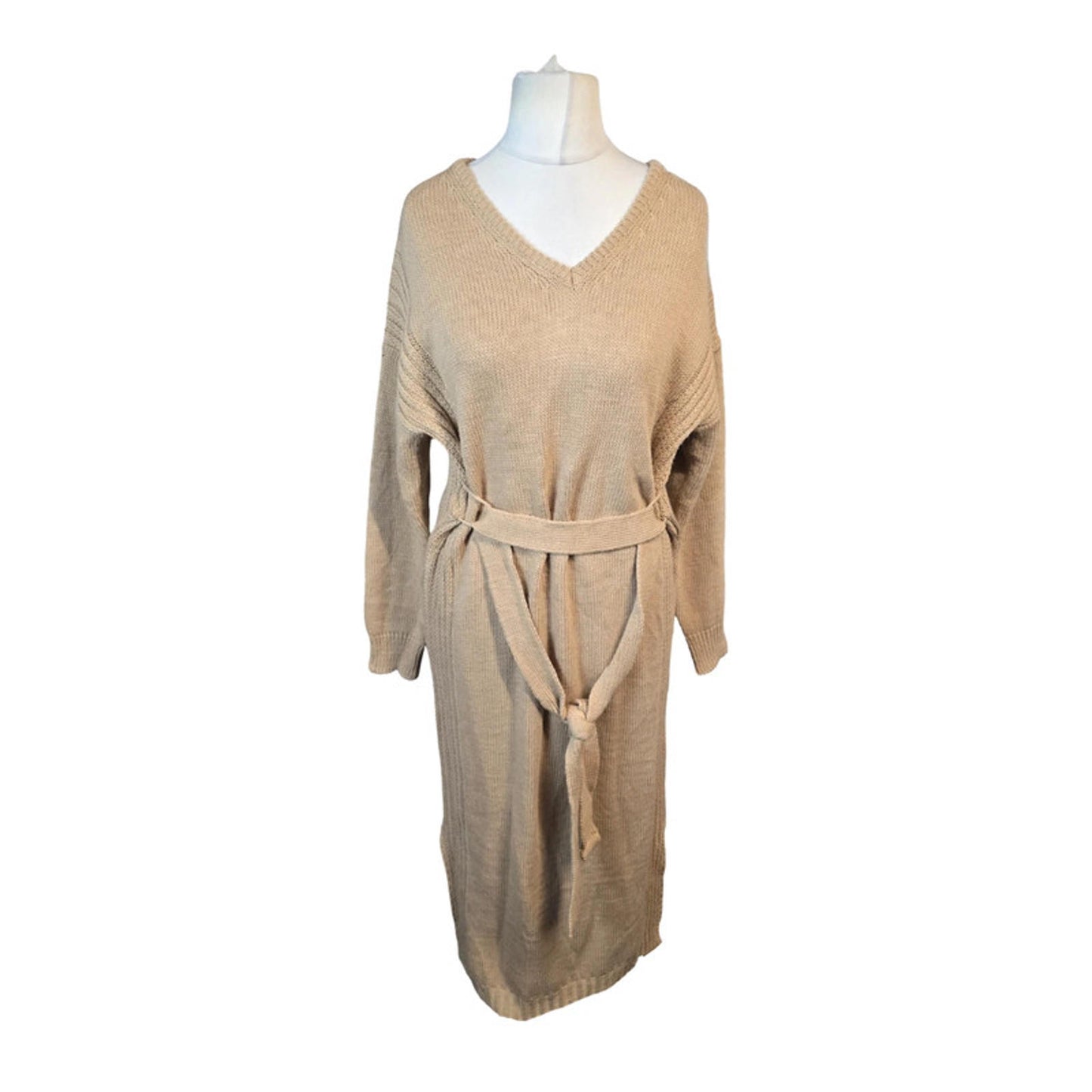 Boohoo Beige Knitted Midi Jumper Dress Size 12 Belted Cosy Winter