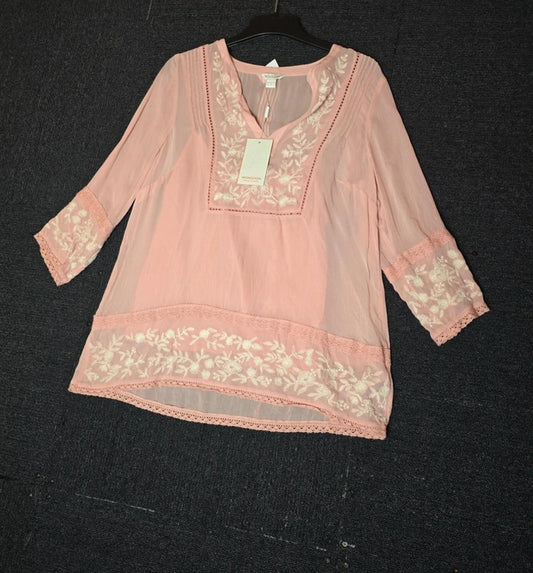 Monsoon pink & white blouse embroidered size 12 nwt