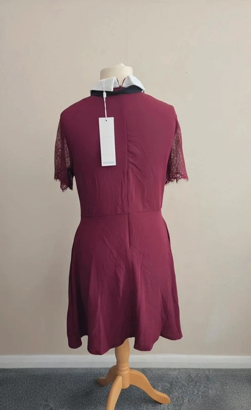 Blue Vanilla Burgundy Lace Sleeve White Collar Tie Midi Dress NWT Size 12