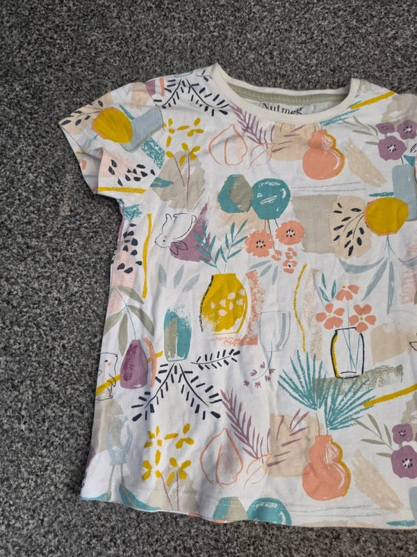 Nutmeg Girls White Abstract Floral & Bunny Print Cotton T-Shirt Age 5-6 Years