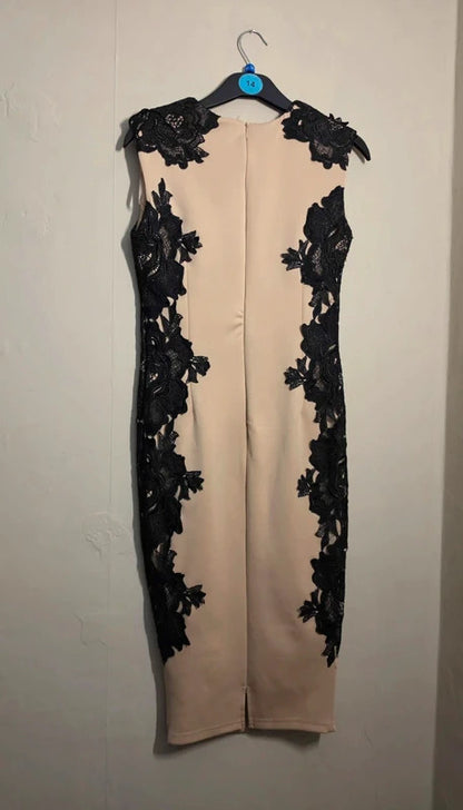 AX Paris Beige & Black Floral Lace Bodycon Midi Dress – Size 8