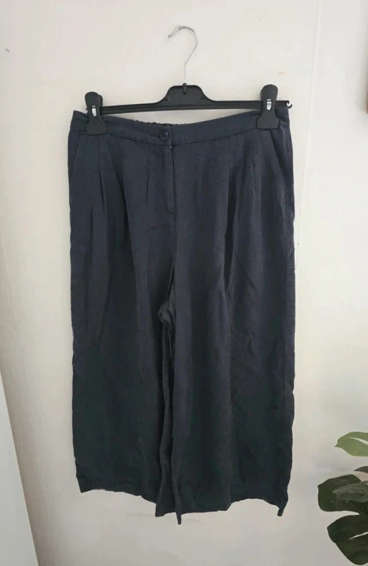 Laura Ashley Navy Tencel High Waisted Cropped Flared Trousers Size 10