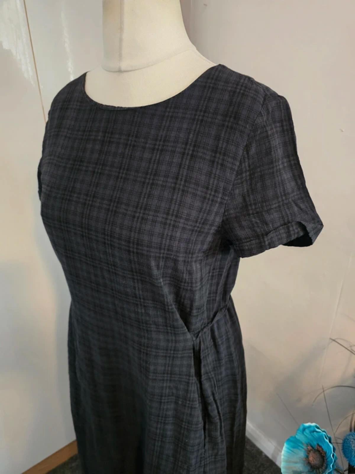 Seasalt Cornwall Black Checked Midi Dress Size 10 Short Sleeve A-Line Pockets
