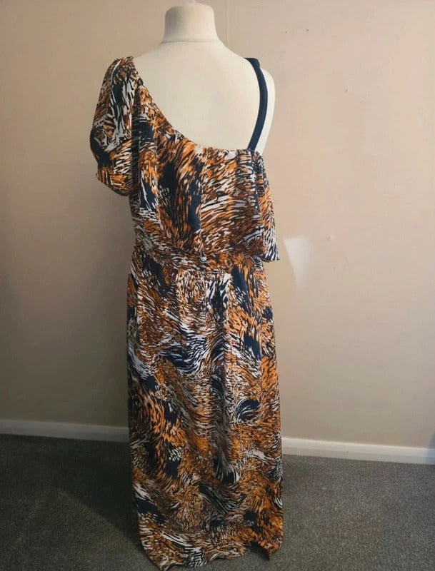 Pep & Co Orange & Navy Floral One Shoulder Slit Flared Maxi Dress Size 16 NWT