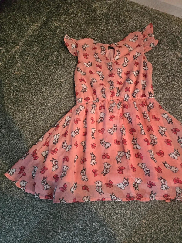 Kiki & Koko Girls Pink Rabbit Bow Frilly Flared Lined Summer Dress Size 5-6 Years