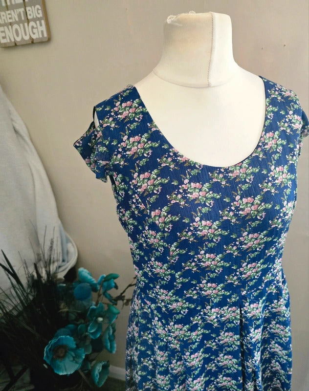 Jumpo Blue & Pink Floral Cold Shoulder Flared Midi Dress M/L Size  12-14