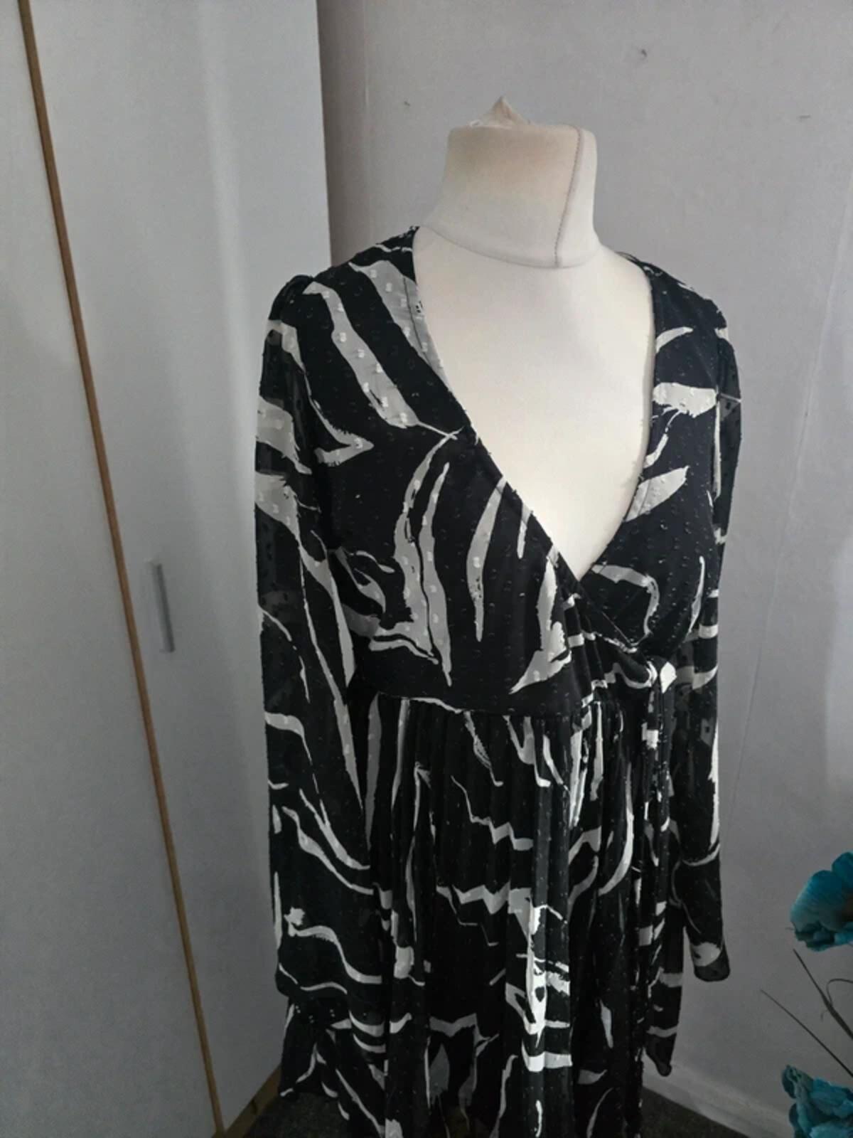 ASOS Monochrome Flare Dress with Sheer Sleeves  Size 12