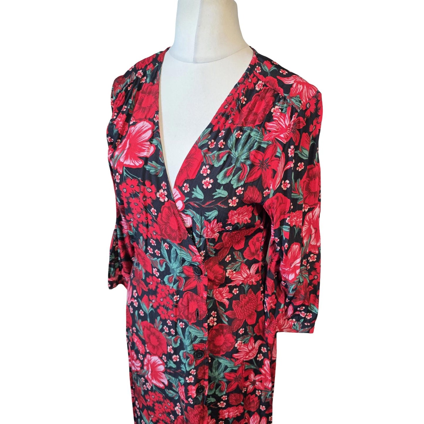 Monki Red Floral Wrap Style Dress – 3/4 Sleeve, Knee to Midi Length – UK size 10