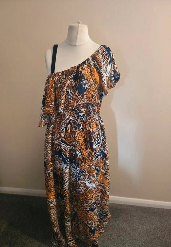 Pep & Co Orange & Navy Floral One Shoulder Slit Flared Maxi Dress Size 16 NWT