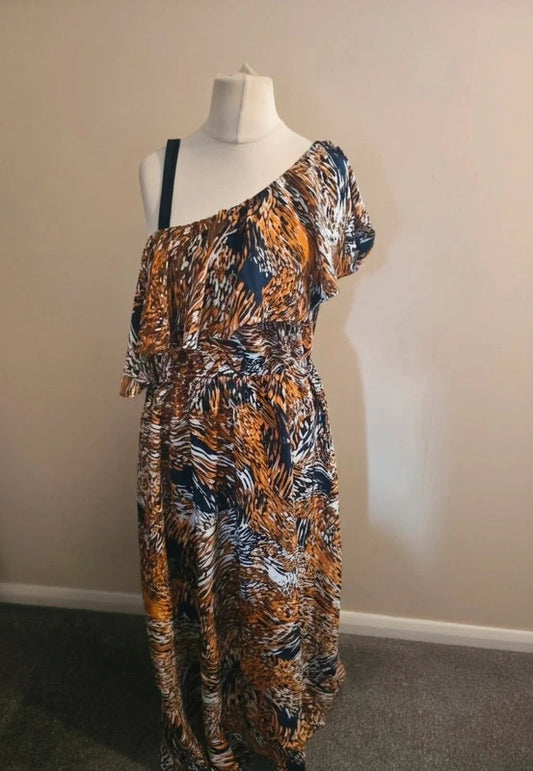 Pep & Co Orange & Navy Floral One Shoulder Slit Flared Maxi Dress Size 16 NWT