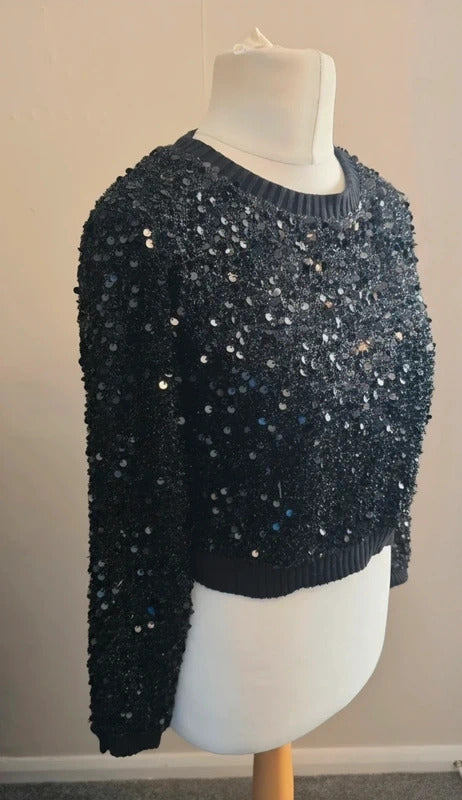 Primark Black Sequin Cropped Jumper Size 10