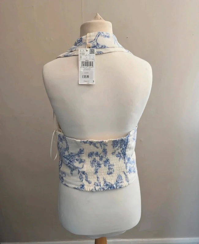 Mango Blue & White Floral Halterneck Collared Top NWT M Size 10