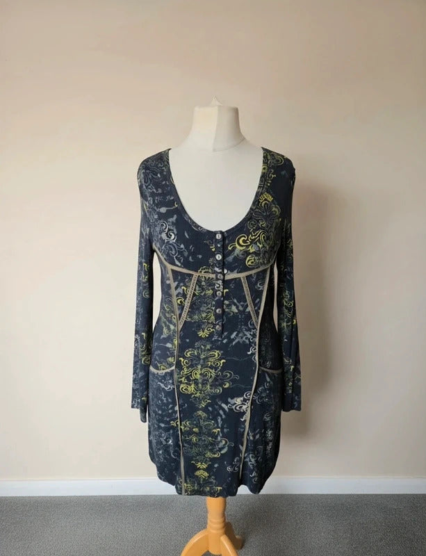 Yest Black, Yellow & Grey Patterned Bodycon Tunic Dress – Size Small (Size 10–12)