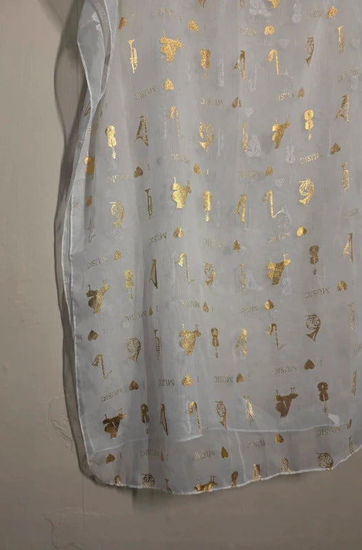 White & Gold Music Print Sheer Scarf / Shawl 