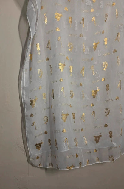 White & Gold Music Print Sheer Scarf / Shawl 