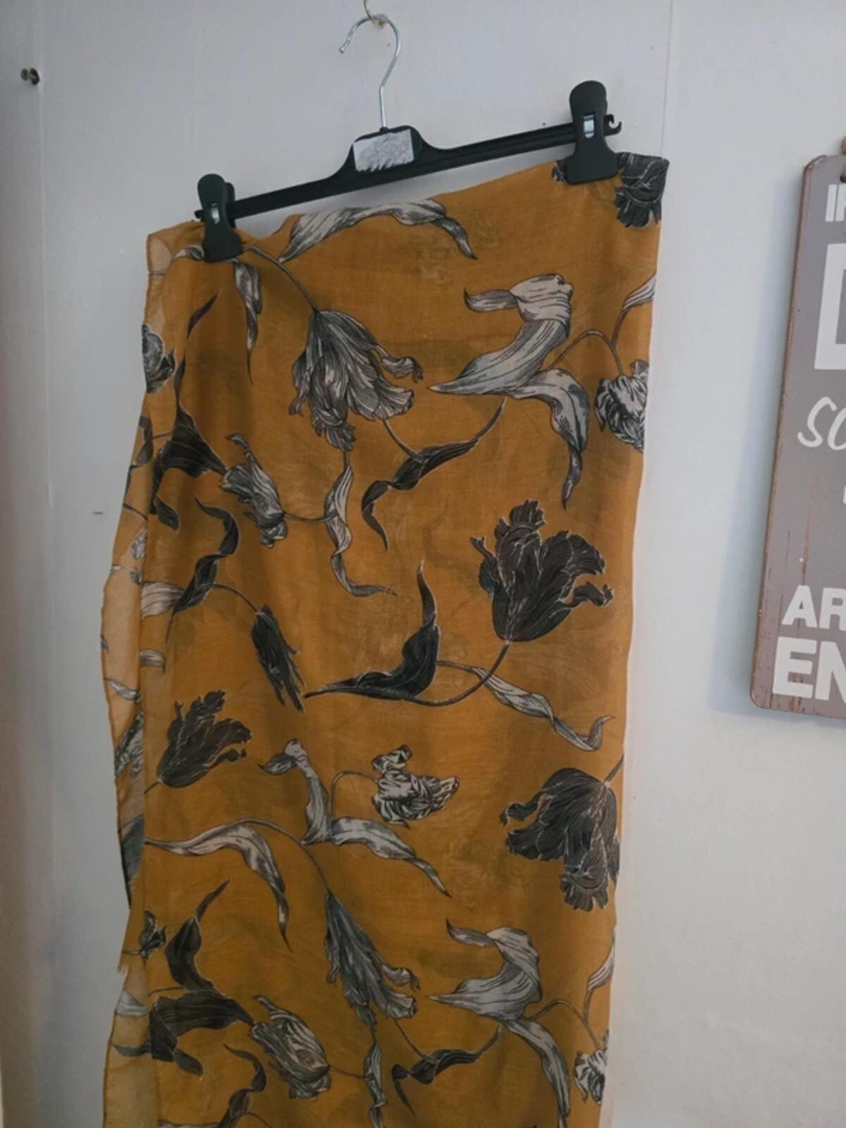 Mustard Yellow & Black Floral Lightweight Viscose Scarf Shawl with Frayed Edge