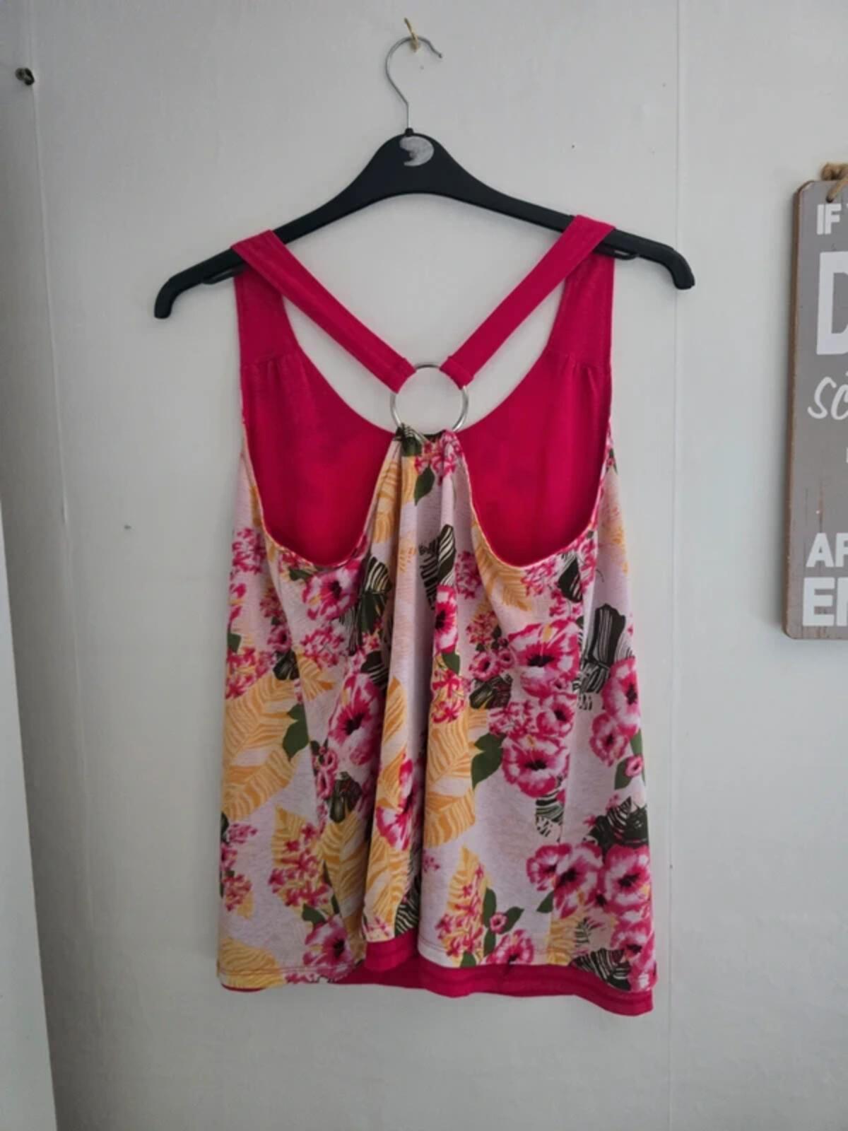 Avon Pink Multicoloured Floral Layered Metal Ring Detail Vest Top Size 14-16