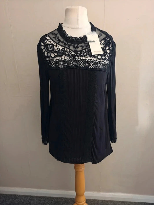 Monsoon Black Beaded High Neck Blouse Size 12 NWT