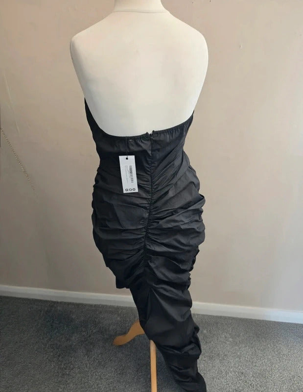 Boohoo Black Corset Sweetheart Plunge Ruched Side Split Maxi Dress NWT Size 12