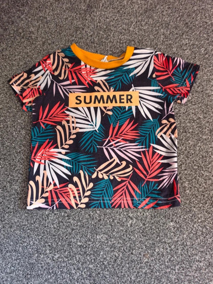 Shein Baby Boys Multicoloured Tropical Palm Leaf "Summer" T-Shirt 9-12 Months